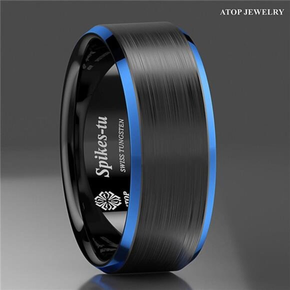 Men's Wedding Band - Black Brushed with Blue Edge - Rings for Men and Women - Picture 2 of 6